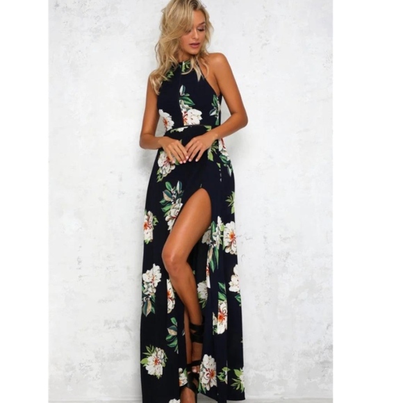 K. Ray Collective Dresses & Skirts - Black Floral Halter Maxi Beach Dress